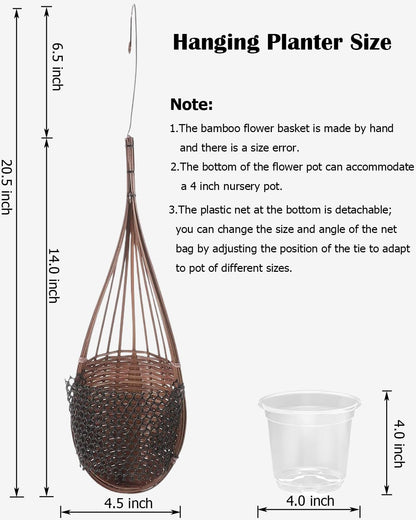 Gogeffor Hanging Orchid Planter: 3 Pack Wall Plant Pot with Adjustable Hook Breathable - 4 Inch Handmade Bamboo Flower Basket for Indoor Window Balcony Corridor Railing Garden Fence - Brown