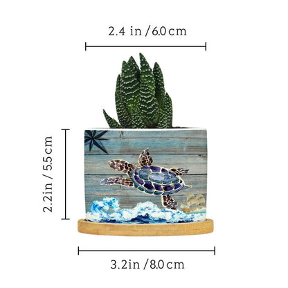 DreamAutumn Ocean Theme Sea Turtle Ceramic Pots for Plants with Drainage Holes Round Flower Pot Bamboo Tray Orchid Pot Succulents Pots for Outdoor Indoor Plants,Housewarming Gifts