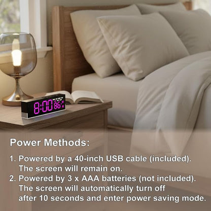 JENLYSTIME 7 Inch LED Digital Alarm Clock with Dual Alarms & Bottom Glow｜Displays Time, Date, Day, Temperature ｜3-Level Auto/Manual Brightness, DST, USB or Battery Powered Modern Desk Clock(Rose Red)
