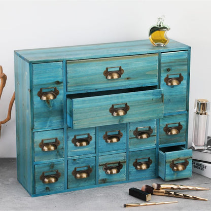 Apothecary Drawers Card Catalog Cabinet with 14 Drawers Wooden Card Catalog Wooden Storage Box for Desktop Organizer (Blue)