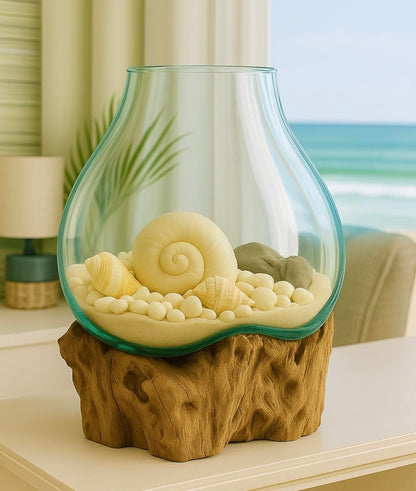OMA Hand Blown Molten Glass on Driftwood Terrarium Vase or Planter – Recycled Glass & Natural Wood for Coastal & Boho Home Décor (12"–14" High)