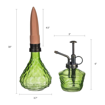 Topadorn Vintage Glass Plant Care Set, Plant Mister Spray Bottle & Terracotta Self-Watering Globe, Green