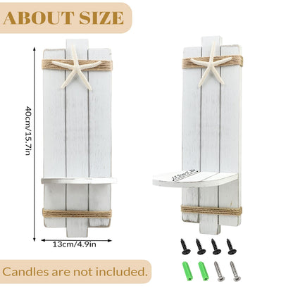 Fangoo 2Pack 15.7 Inch Natural Starfish Wooden Wall Candle Sconces Coastal Wall Decor Ocean Wall Candle Holder Beach Bathroom Decor Farmhouse Hanging Art Bedroom Gifts (White)