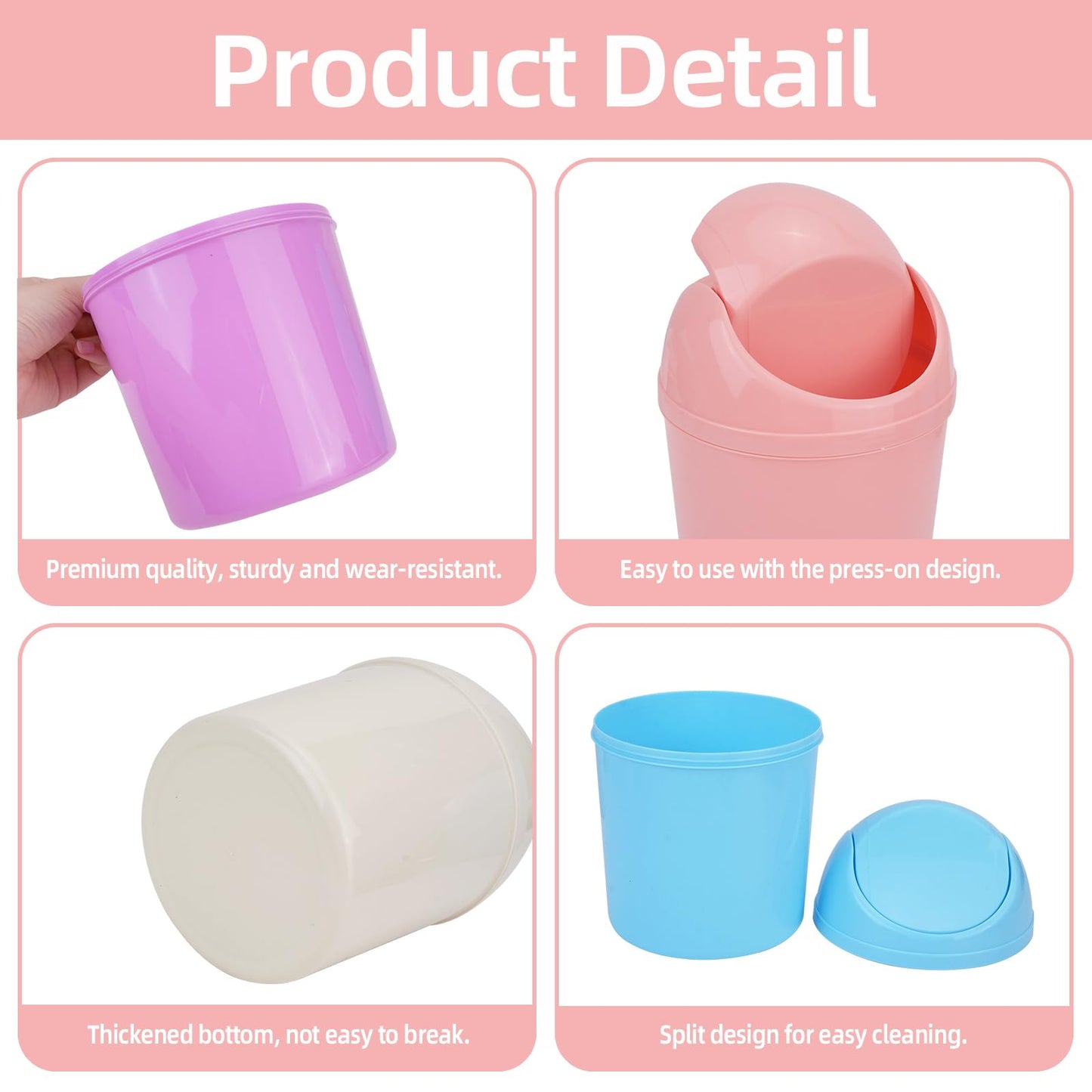 QLFJ-FurDec 4 Pcs Plastic Mini Trash Can with Swing Lid, Tiny Desktop Wastebasket Garbage Bin with 240 Trash Bags for Office, Kitchen, Vanity Tabletop, Bedroom, Bathroom