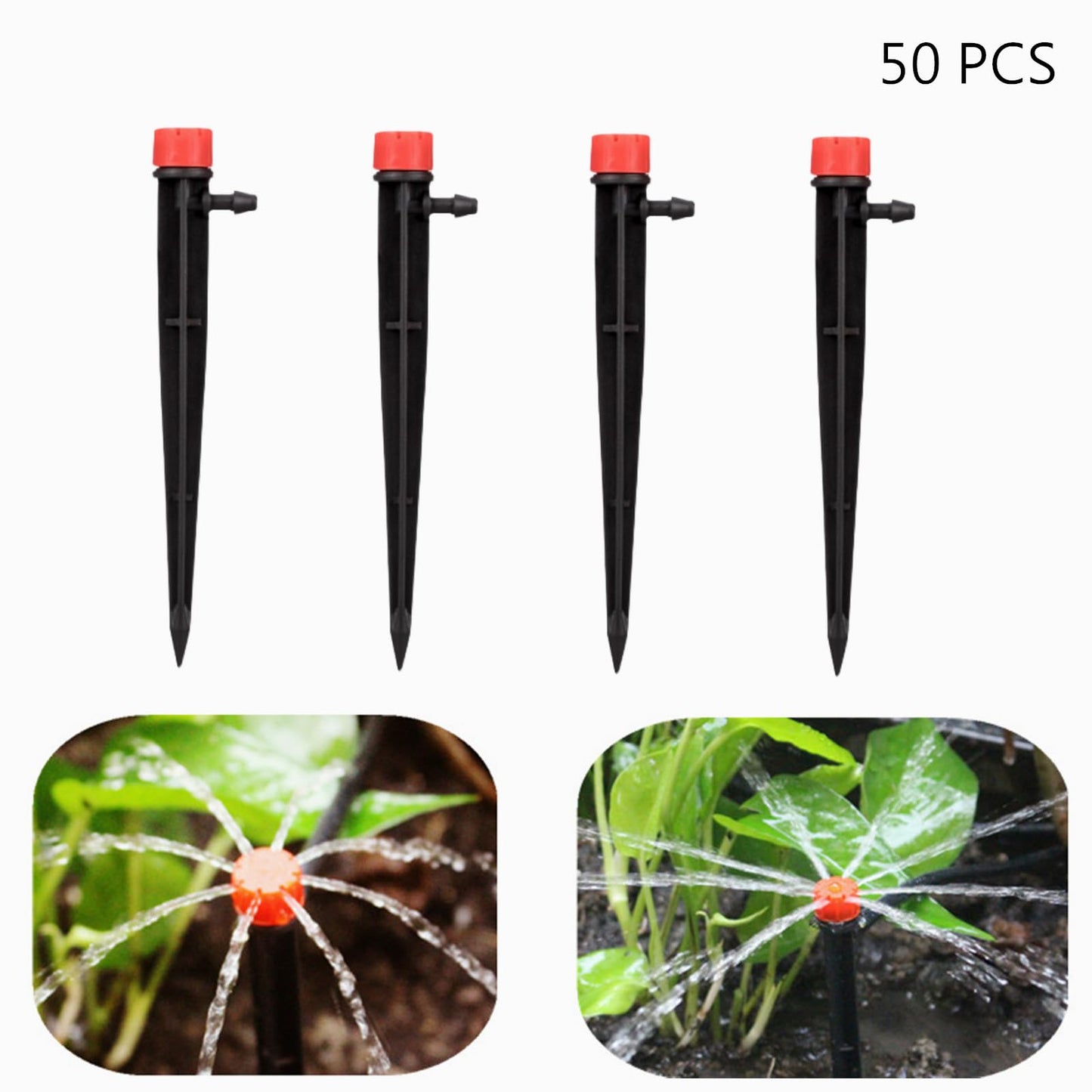 PRUNkuar 50pcs Drip Emitters for 1/4" Drip Irrigation Tubing, Adjustable 360 Degree Water Flow Drippers on 5" Arrow Stake, Garden Irrigation Drippers for (4-7mm) Watering System