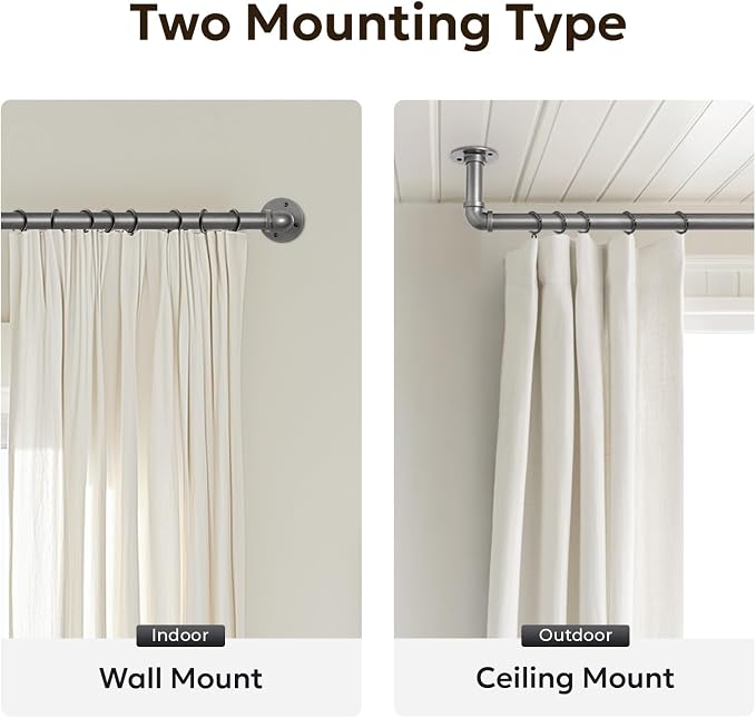 Zeerobee Curtain Rods for Windows 32 to 48, 1 Inch Industrial Wrap Around Grey Curtain Rod, Indoor/Outdoor Room Divider Adjustable Drapery Pole, 32"-48"