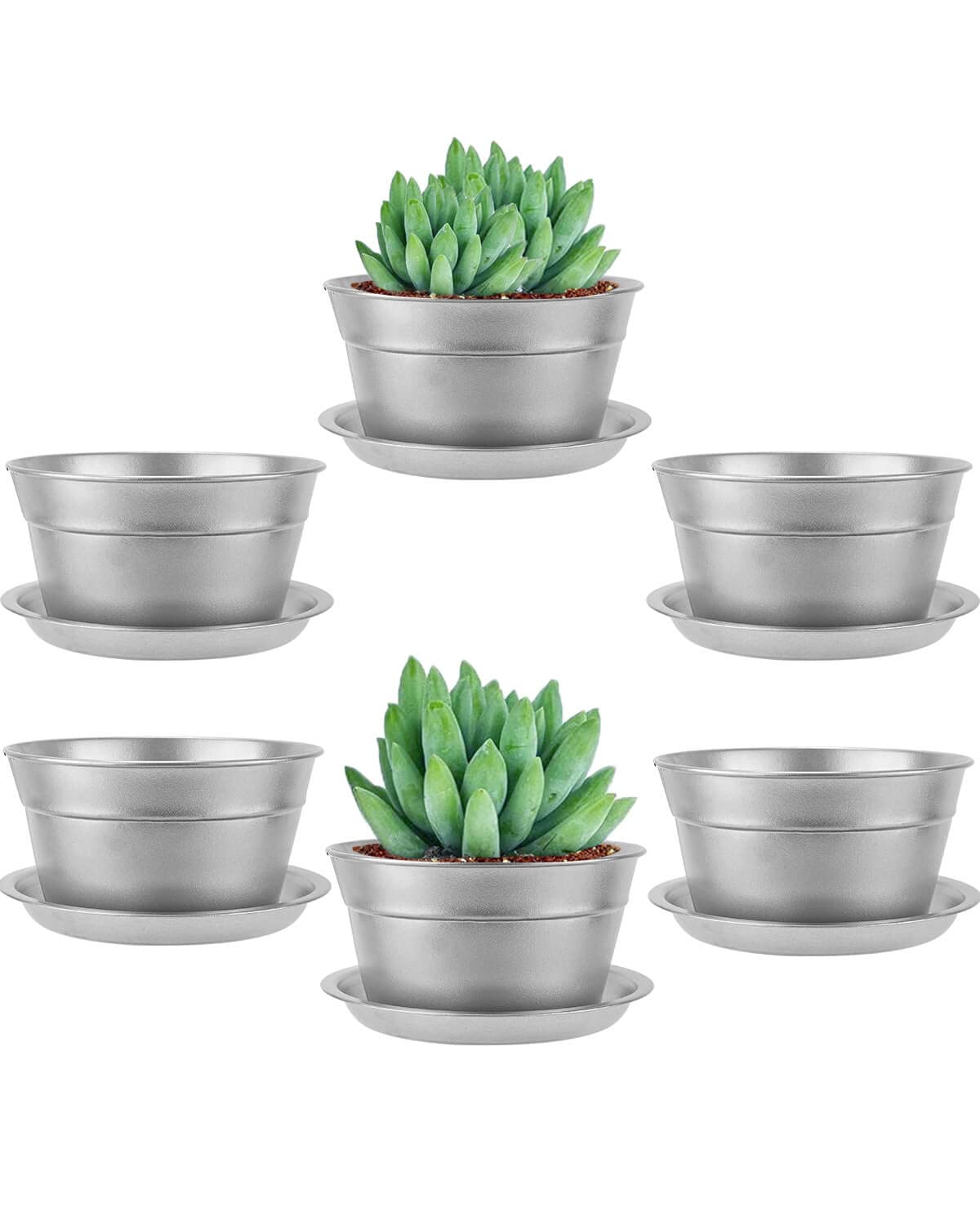 vensovo 6 Inch Silver Shallow Small Metal Plant Pots with Saucer-6 Pack Medium Metal Galvanized Flower Pot with Drainage Hole,Planter Pots with Tray Perfect for Planting and Wedding Party Decor