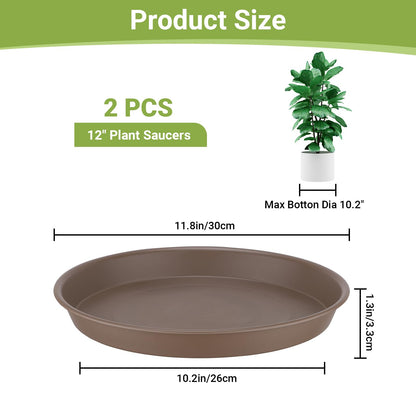 GREANER 12 Inch Plant Plates to Catch Water, 2PCS Brown Heavy Duty Humidity Trays for Indoor Plants, Deep Plant Saucer for Pot