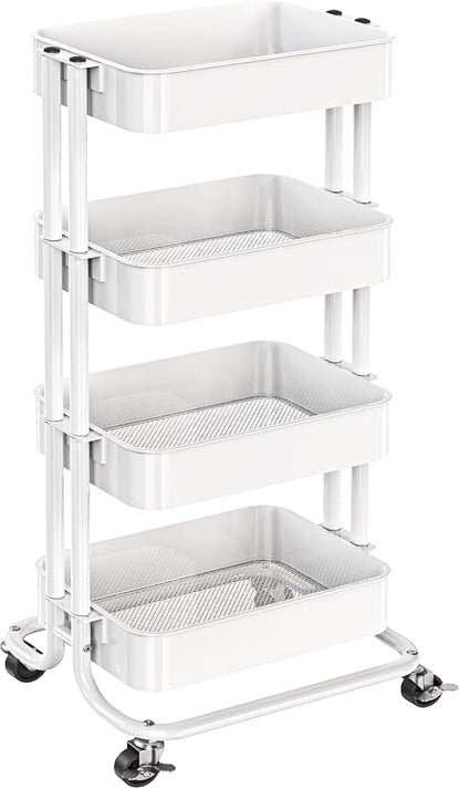 Pipishell 4 Tier Metal Rolling Utility Cart, Heavy-Duty Storage Rolling Cart with 2 Lockable Wheels, Multifunctional Mesh Organization Utility Cart for Kitchen Dining Room Living Room, PIUC13W