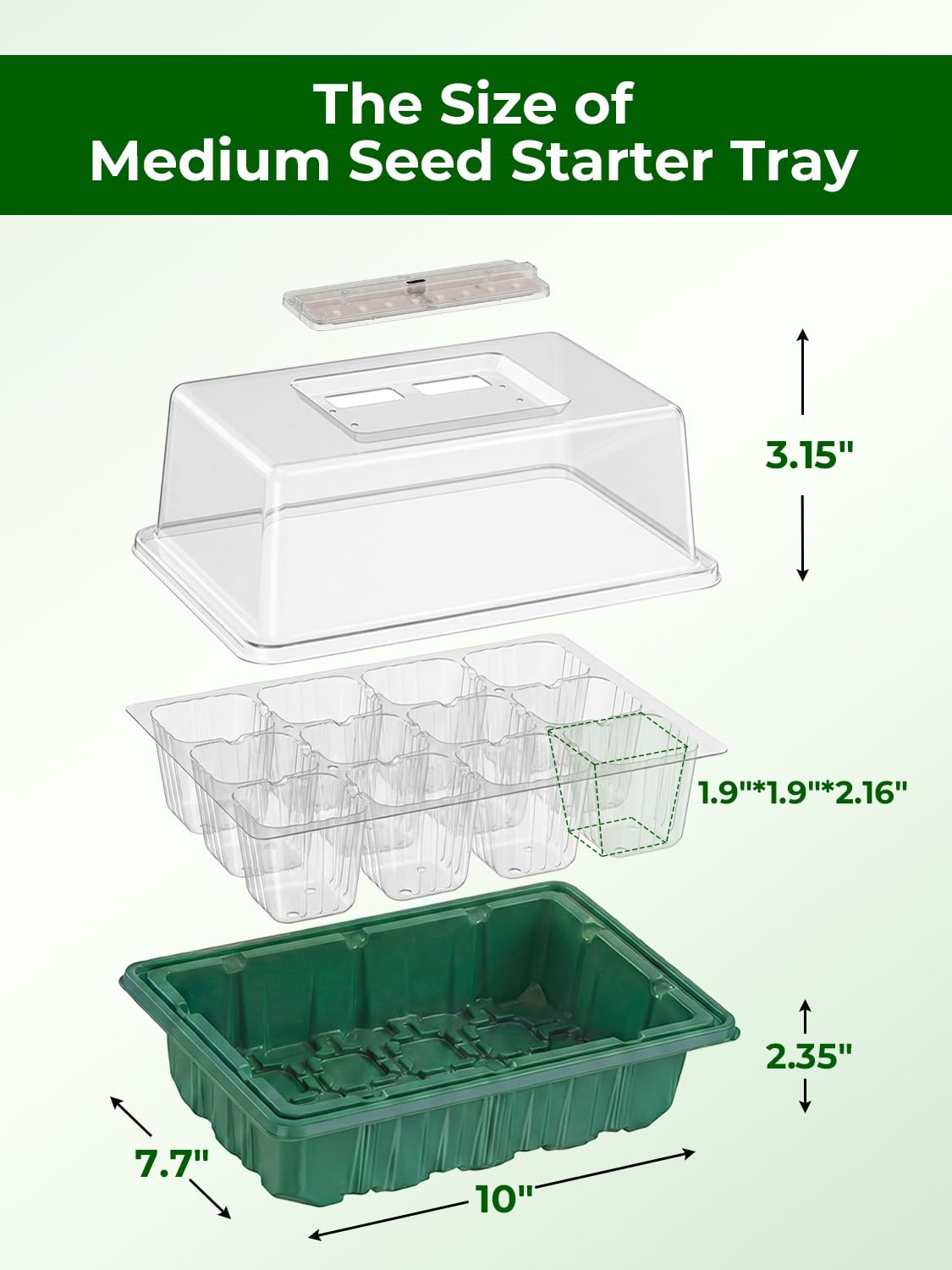 Wuraire Seed Starter Tray 3 Pack with Heating Mat & 24 Full Spectrum LEDs Grow Light – Auto Cycle Timer, Humidity Dome Ventilation Cover, Drainage Holes, Includes Gardening Tools – Green Version