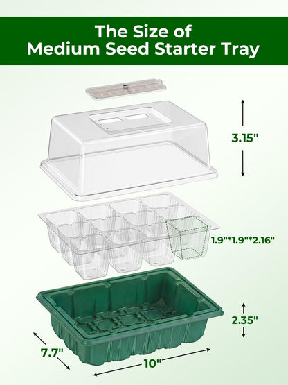 Wuraire Seed Starter Tray 3 Pack with Heating Mat & 24 Full Spectrum LEDs Grow Light – Auto Cycle Timer, Humidity Dome Ventilation Cover, Drainage Holes, Includes Gardening Tools – Green Version