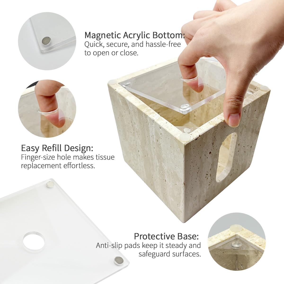 Natural Travertine Marble Tissue Box Cover – for Loose Facial Tissues and Toilet Paper roll, Square Cube Tissue Box Holder with Dual Access, Rustic Farmhouse Décor for Bathroom & Living Room