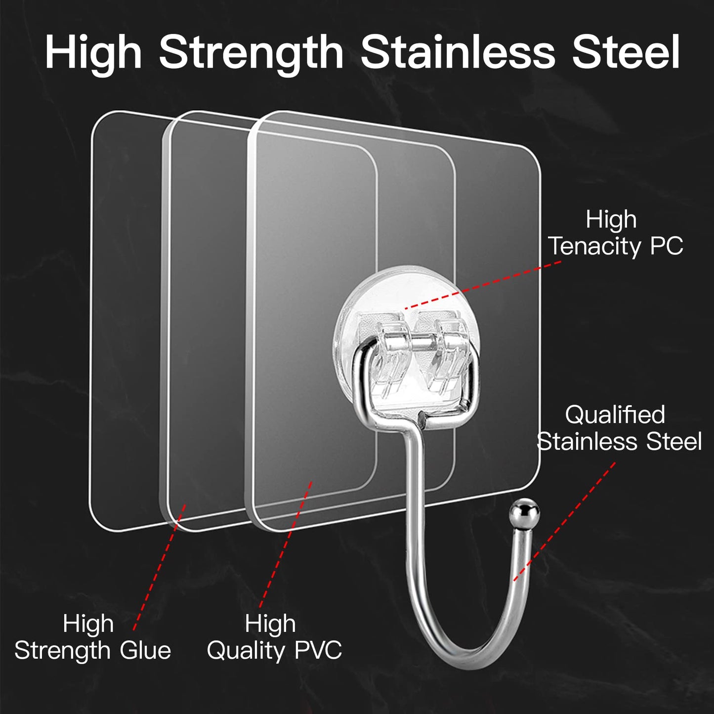 Strjobaili 20 Pack Large Adhesive Hooks for Hanging Heavy Duty 44 lb(Max), Self Adhesive Sticky Hooks Waterproof Stainless Steel Wall Hook for Home Bathroom Shower Kitchen Outdoor Utility Hooks