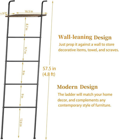 Vrisa Blanket Ladder Wall Leaning Blanket Rack Farmhouse 5-Tier Metal Blanket Holder with Shelf Bath Towel Storage for Bathroom Quilt Bedroom Living Room Pool Black
