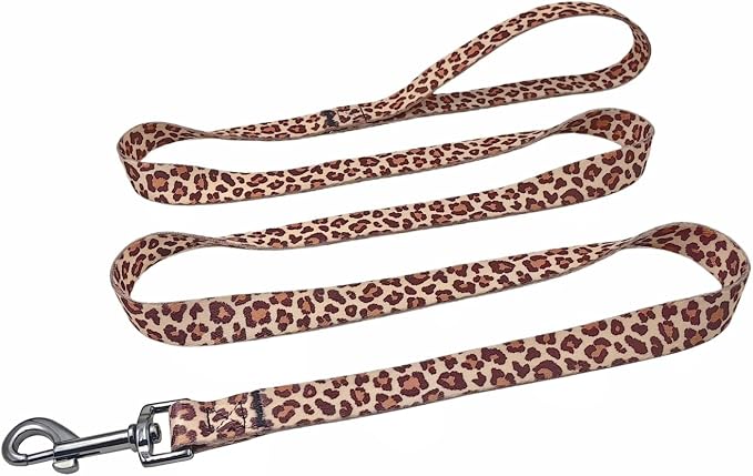 Dog Collar Leash Set, Leopard Pattern, Polyester Material, Adjustable Collar and 5ft Matching Leash, for Large Dogs.(L, Light Coffee Leopard)