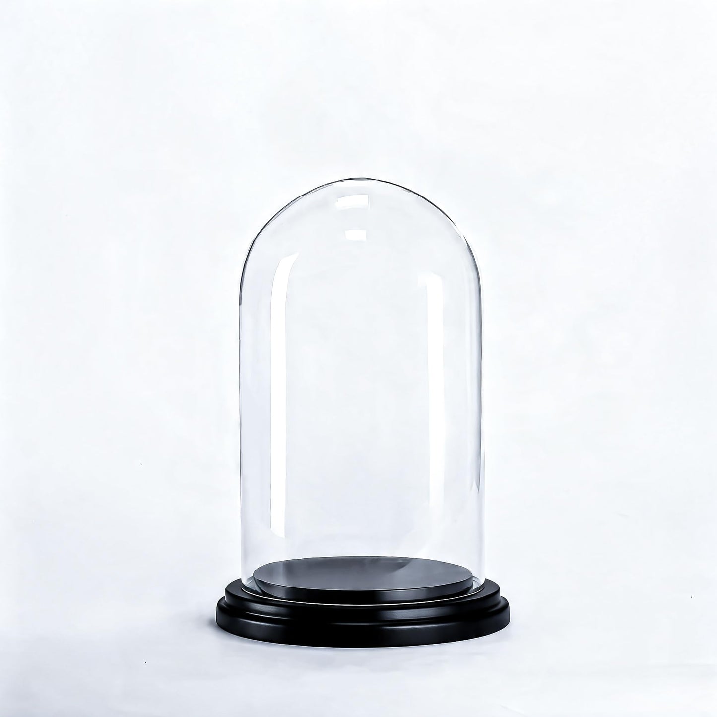 CYS EXCEL Glass Dome Cloche (H:9.25" D:5.5”) with Black Wood Base Decorative Showcase Display for Antique Collectible Bell Jar Terrarium Dessert Cover