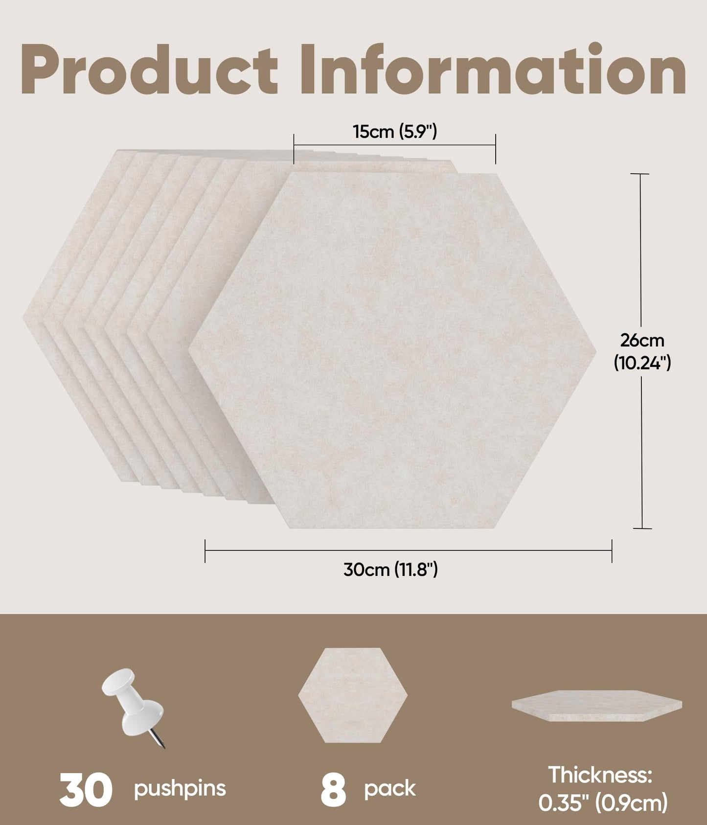 Toptople 12 Inch Large Hexagon Cork Board for Walls, 8 Pack Felt Bulletin Board Tiles, Pin Board with Push Pins for Office Photo and Note, Oatmeal