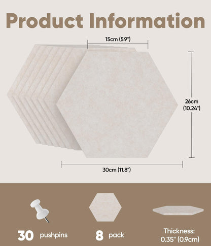 Toptople 12 Inch Large Hexagon Cork Board for Walls, 8 Pack Felt Bulletin Board Tiles, Pin Board with Push Pins for Office Photo and Note, Oatmeal