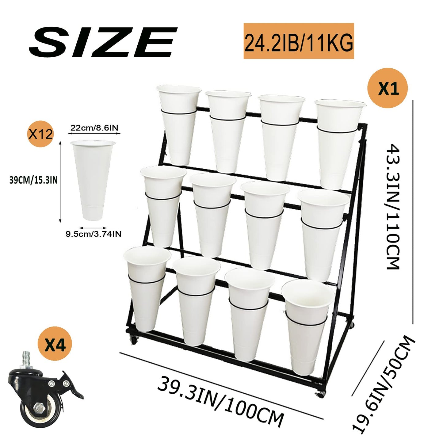 Flower Display Stand, 3 Layers Heavy Duty Moving Plant Cart Shelf With Wheels and Bucket, Wrought Iron Florist Shelf, for Patio Garden, Florist, Outdoor Flower Pop-Up Events (White Iron Frame)
