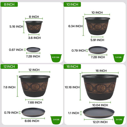 Usocik 12 Pack 10 Inch Retro Plant Pots with Drainage Holes and Saucer for Indoor Outdoor Plants.