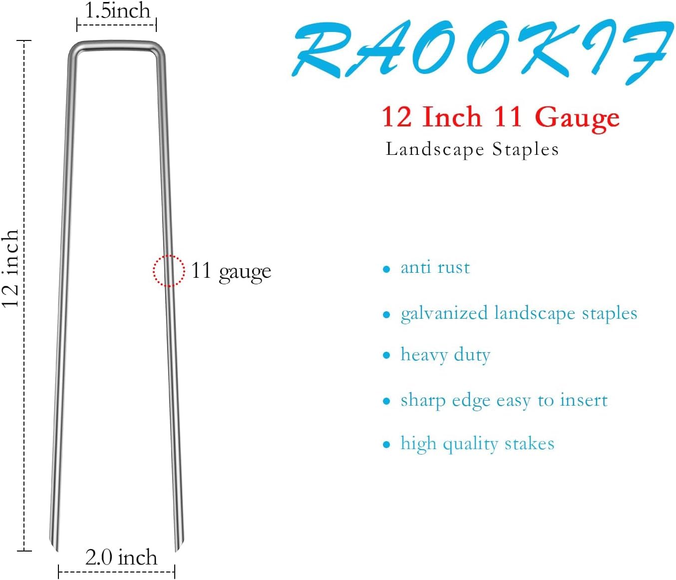 RAOOKIF 12 Inch Galvanized Garden Landscape Staples, 20/50/100/200Pcs Garden Metal Stakes, 11 Gauge Heavy Duty Ground Stakes for Decoration, Fence and Lawn Use, Fabric Pins