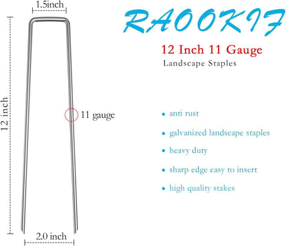 RAOOKIF 12 Inch Galvanized Garden Landscape Staples, 20/50/100/200Pcs Garden Metal Stakes, 11 Gauge Heavy Duty Ground Stakes for Decoration, Fence and Lawn Use, Fabric Pins