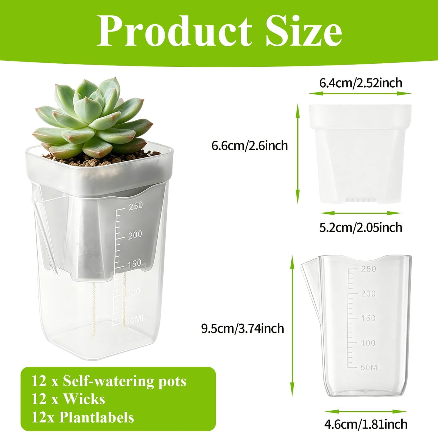 Lwuey 12 Pack 2.5" Self Watering Propagation Pots - Clear Plastic Seed Starter Cups, for Seedlings, Cuttings, Succulents, Herbs, Vegetables, 12 Plant Labels Included for Indoor Plants