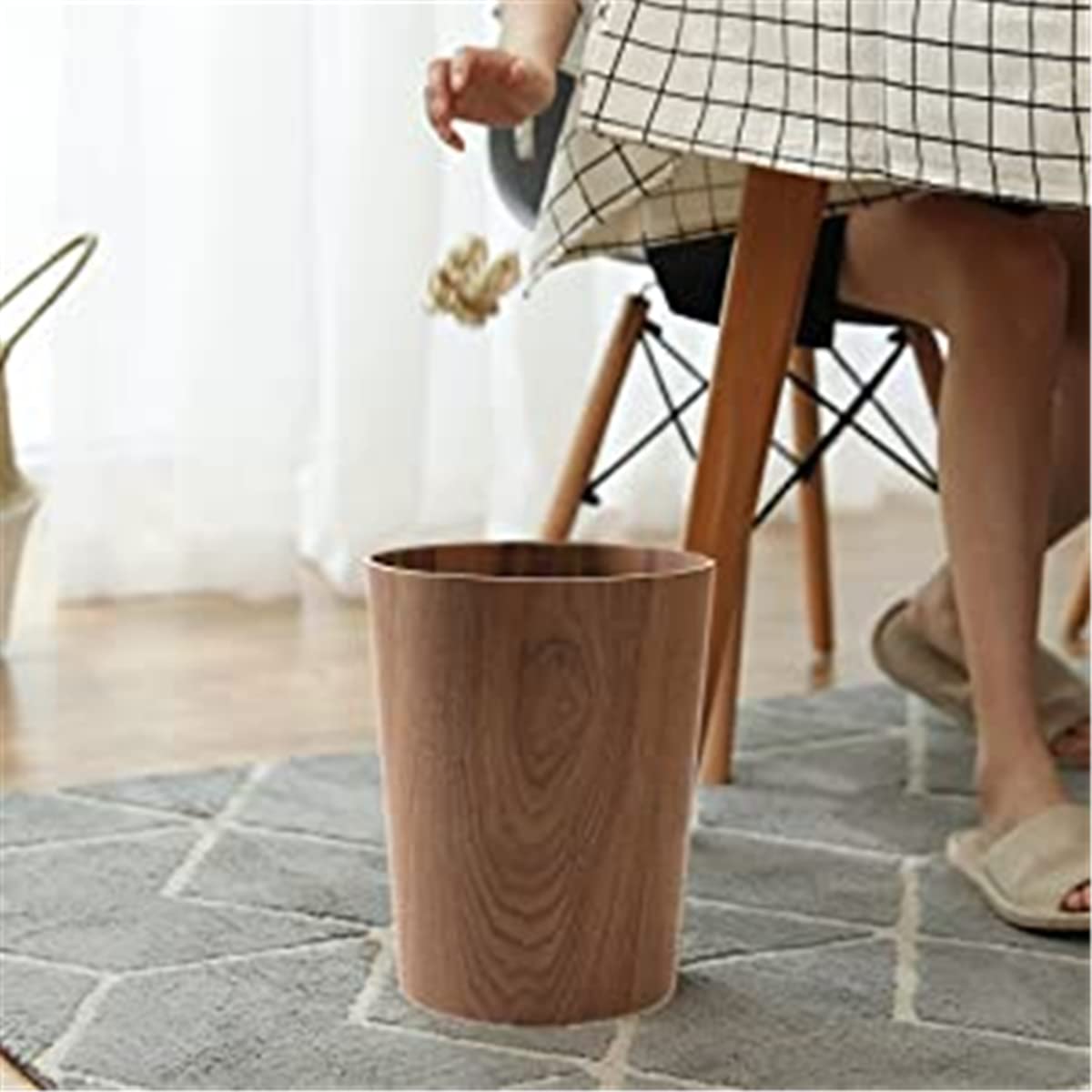 BISOZER Round Stackable Wastebasket, Natural Wood Garbage Recycling Bin for Bathrooms, Kitchens, Home Offices (Dark Wood)