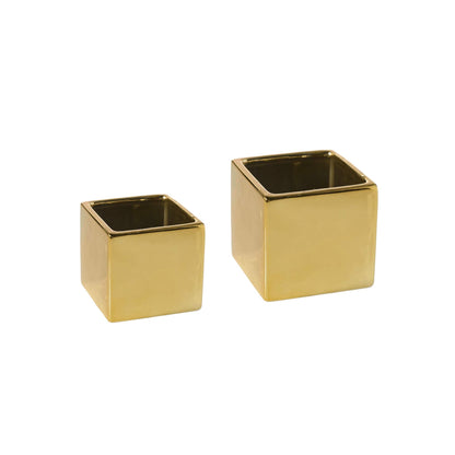 WGV Ceramic Cube Vase Bulk Width 5.5" Height 5" (Fits 5" Pot) Elegant Modern Block Square Floral Planter Terrarium Container Table Dresser for Event Accent Home Office Decor Gold 6 Pieces