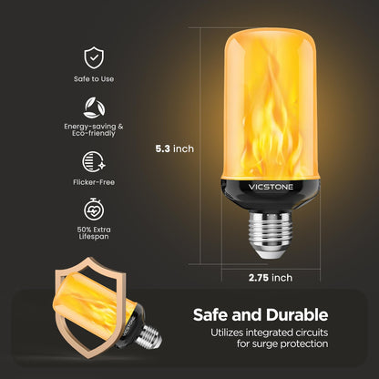 Vicstone Upgraded Dusk to Dawn LED Flame Light Bulbs Outdoor, 4 Modes Flickering Light Bulbs with Upside Down Effect, E26 Fire Bulb for Halloween Christmas Party Patio Porch Home Indoor Decorations, 2