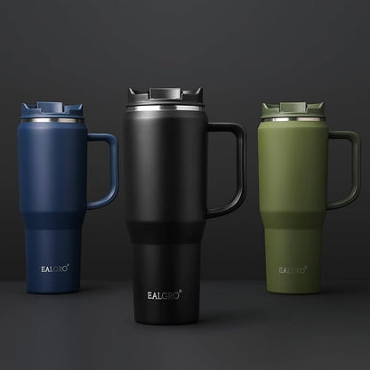 EALGRO Insulated Coffee Mug Cup with Lid, 40 oz Tumbler with Handle and Straw, Double walled Stainless Steel Coffee Tumbler, Thermal Water Bottle Jug, Navy Blue
