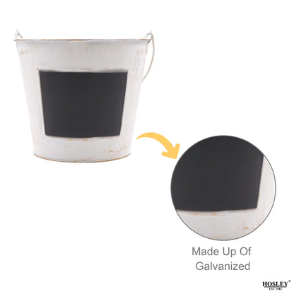 Hosley Set of 2 White Metal Pail with Chalkboard and Plastic Liner 7" Dia x 6" H. Ideal Gift for Floral Arrangements Wedding House Warming Floral Planter DIY Craft Home Office Party Garden Patio