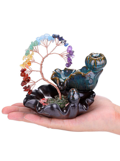 Jovivi Backflow Incense Burner Ceramic Incense Waterfall,7 Chakra Stones Healing Crystal Money Tree Incense Holder for Wealth, Good Luck, Yoga Meditation, Home Decor
