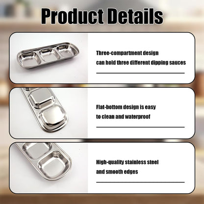 JBESUHI 6 Pcs Stainless Steel Soy Sauce Dish - Korean 3 Compartment Dip Bowls, Silver Divided Sauce Plate Seasoning Tray for BBQ, Vinegar, Spice, Salt, Sugar, Home & Restaurant (Silver)
