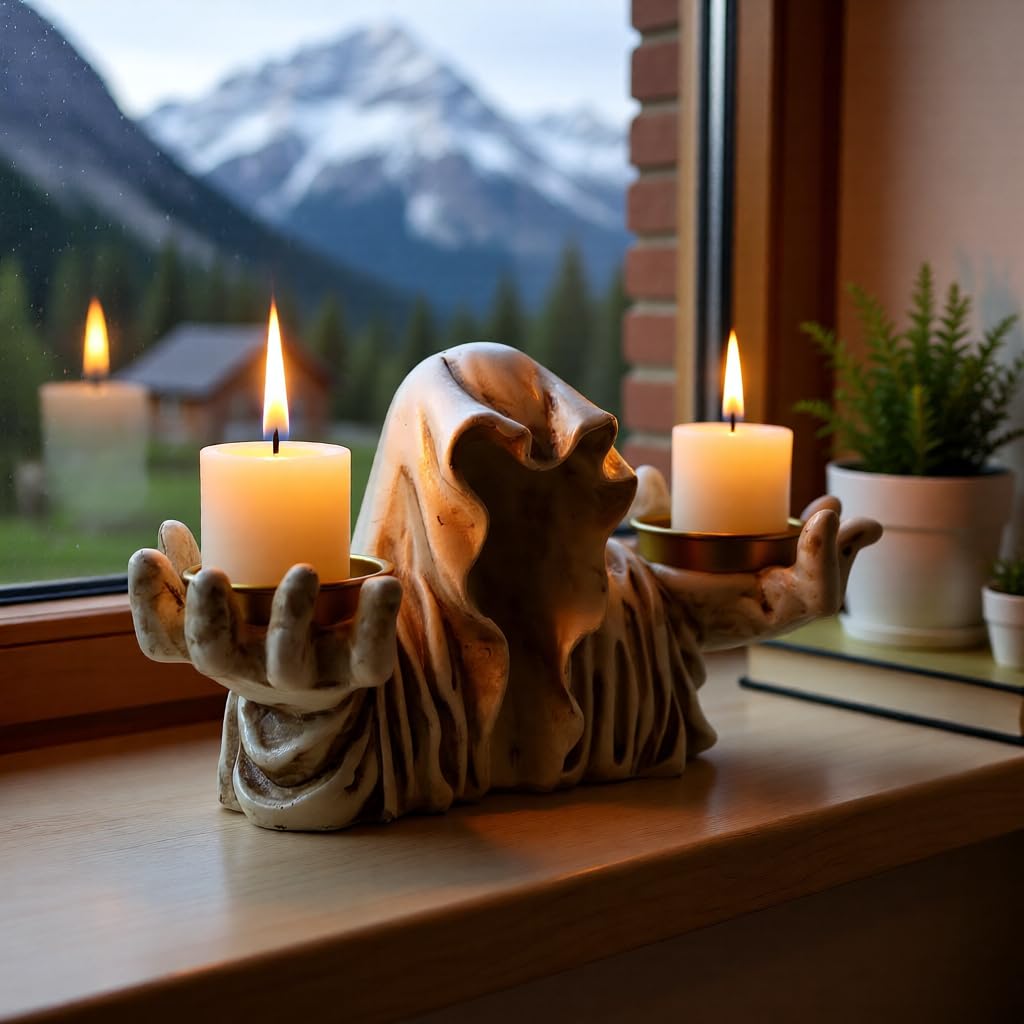 Halloween Ghost Tealight Candle Holder, Resin Gothic Candle Stand for Tabletop, White and Blue Scary Decorative Candlestick, Spooky Tea Light Holder for Haunted House, Gothic Decor (White)