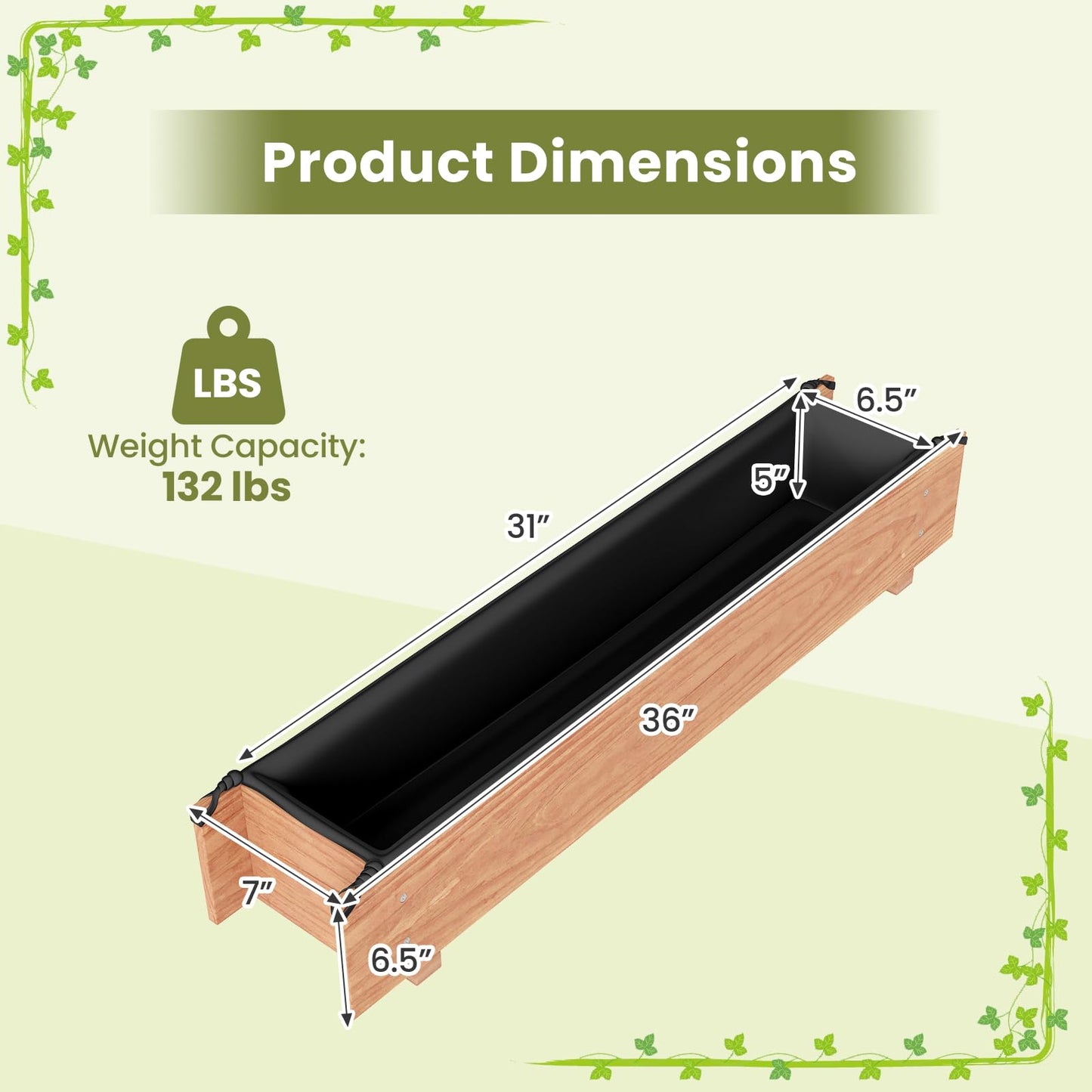 Giantex Wood Raised Garden Bed, Rectangular Planter Box w/Drainage Hole, Removable Liner for Growing Vegetable Flower Herb, Indoor Outdoor Plant Container for Backyard Deck Balcony, 36"x7"x7"