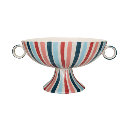 Creative Co-Op Hand-Painted Stoneware Footed Bowl with Handles and Stripes, Multicolor