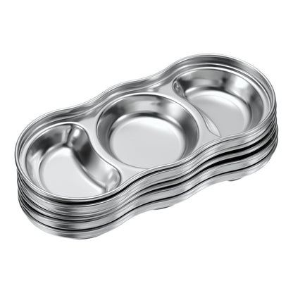uxcell 6 Pack Stainless Steel Dish Dipping Bowls with 3 Round Compartment Divided, Metal Seasoning Plate Dipping Bowl for Condiment Home Party Restaurant Picnic Travel, Silver