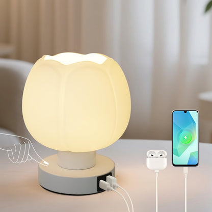 Komothala Touch Bedside Lamp with USB C+A Charging Ports,Tulip Flower Lamp with White Glass Lamp Shade, Warm LED Bulb, 3 Way Dimmable, Small Table Lamp for Bedroom Nightstand Living Room