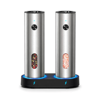 TeSabMi Electric Salt and Pepper Grinder Set, Rechargeable with USB C Charging Base, 110ml Large Capacity, 5-Level Adjustable Coarseness, Stainless Steel, LED Light, Automatic