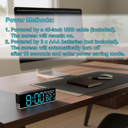 zyzamay 7 Inch Modern LED Digital Alarm Clock with Dual Alarms & Soft Bottom Light｜Displays Time, Date, Day, Temperature｜3-Level Auto/Manual Brightness, DST, USB or Battery Powered Desk Clock,Blue