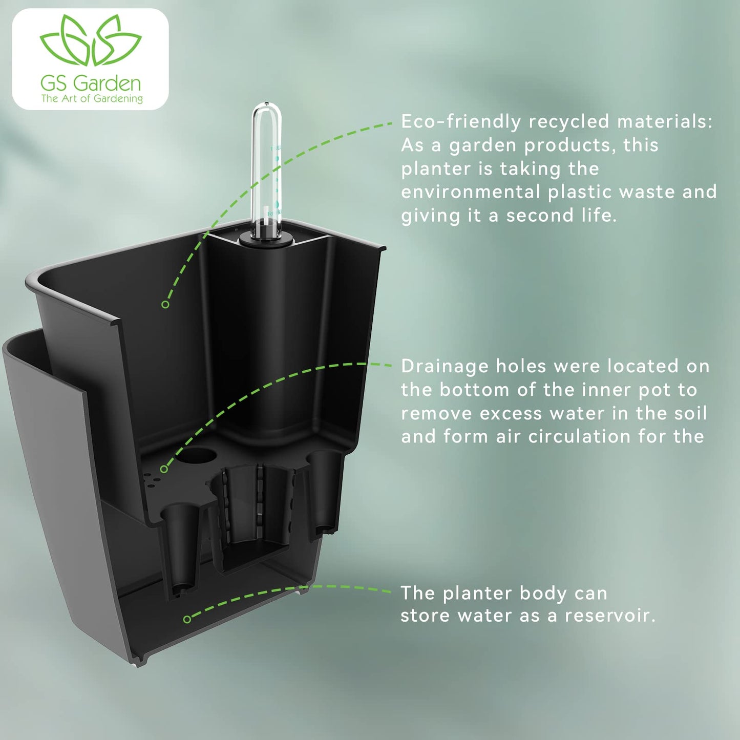 GS Garden Self Watering Planters for Indoor Plants, 5.2 Inch 3 Pack Square Plastic Plant Pots with Water Level Indicator & Drainage System for African Violet Herbs Succulents - Gery