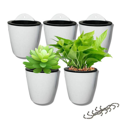 5 pack Lazy flower pots Water hanging plants Pot/Self Watering Planter,Succulent plants and small flower pots Plants Pots Indoor out Wall Hang Flowerpot Window Boxes With 5 hooks Silver (white)