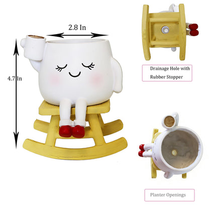 Dolkgy Cute Plant Pots Head Planters, Unique Rocking Chair Drinking Coffee Girl Face Vase, Decorative Cactus Succulent Flower Pots, Gifts for Plant Lovers