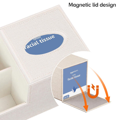 Fanousy Square Tissue Box Cover with Storage, PU Leather Cube Tissue Box Holder, Remote Control Nightstand Organizer, Modern Desk Caddy for End Table, Bathroom, Bedroom, Home, Office Decor