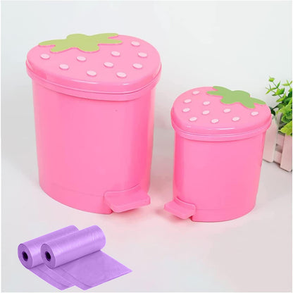 BxuxJar Strawberry Trash Can, 1 Gallon Small Pink Trash Cans with 0.3 Gallon Mini Garbage Can, Cutecore Room Decor Kawaii Cute Trash Can for Bedroom with 2 Rolls Garbage Bag and 3D Cartoon Stickers