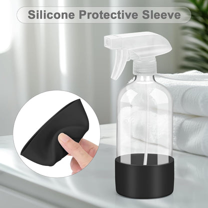 Worldgsb 2 Pack Glass Spray Bottles with Silicone Sleeve, 16 oz Empty Refillable Containers with Adjustable Spray Nozzles, Spray Bottles for Hair, Cleaning Solutions and Plants Black&Grey