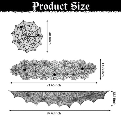QINYIER 3Pcs Halloween Lace Tablecloths, Black Spiderweb Table Cloths (Rectangle and Round), Fabric Cover for Fireplace, Side Table, Lampshade, Halloween Party Decor