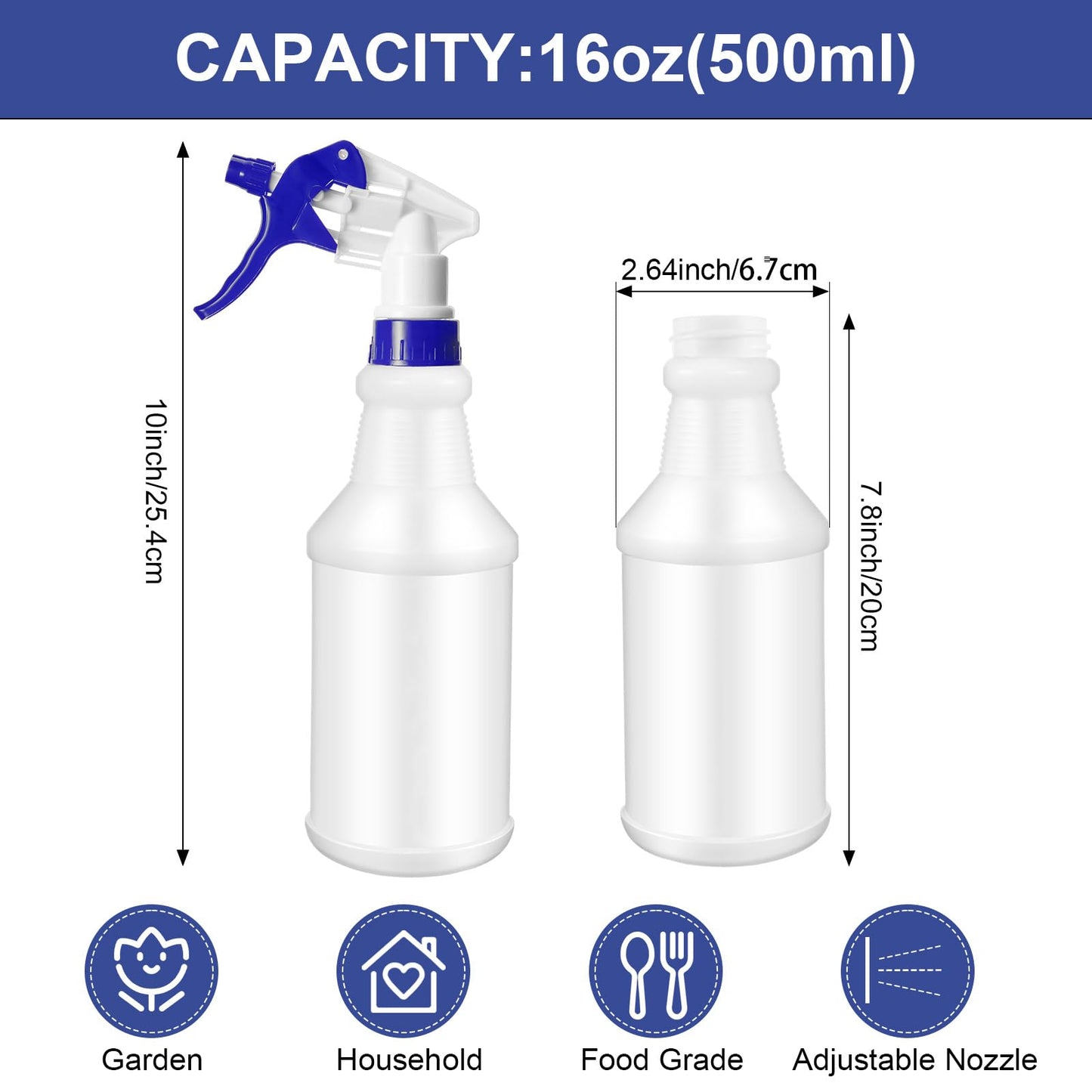 Eccliy 12 Pcs 16 Oz Plastic Spray Bottle, Adjustable Empty Reusable Sprayer for Cleaning, Planting, Water, Bathroom and Kitchen, BBQ, Commercial and Residential (Original,Dark Blue)
