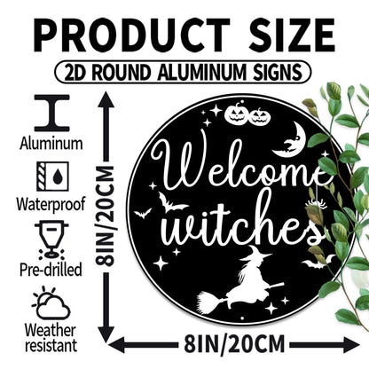 Generic Welcome Witches Round Aluminum Sign Halloween Metal Tin Signs Autumn Witch Ghost Pumpkin Wall Decor Sign For Home Kitchen Cafe 8x8 Inch